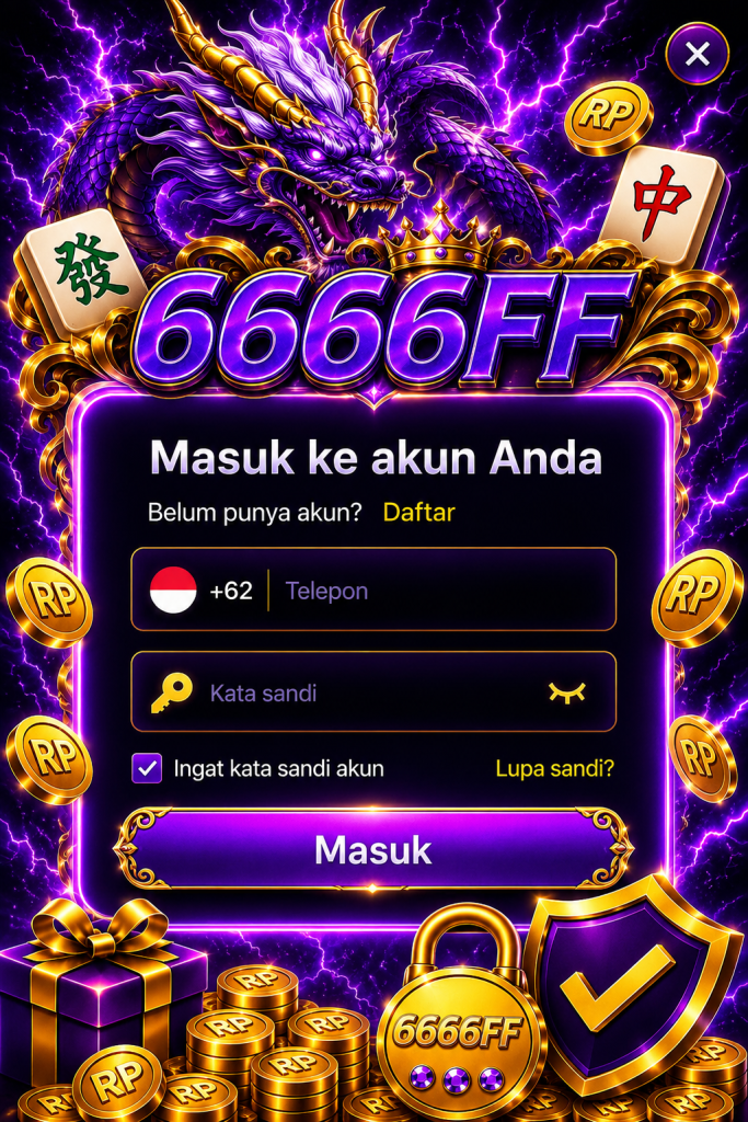 6666FF login resmi dengan naga ungu, tema mahjong, akses akun cepat, aman, dan responsif.