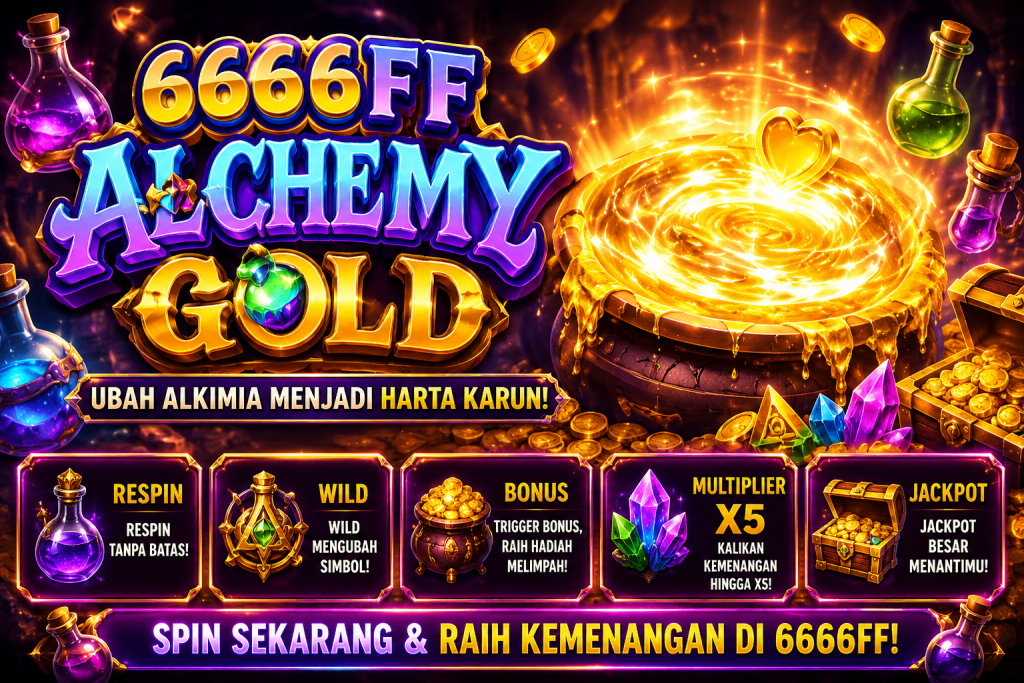 6666FF Alchemy Gold dengan ramuan ajaib, kuali emas bercahaya, kristal warna-warni, koin, dan suasana permainan alkimia fantasi.