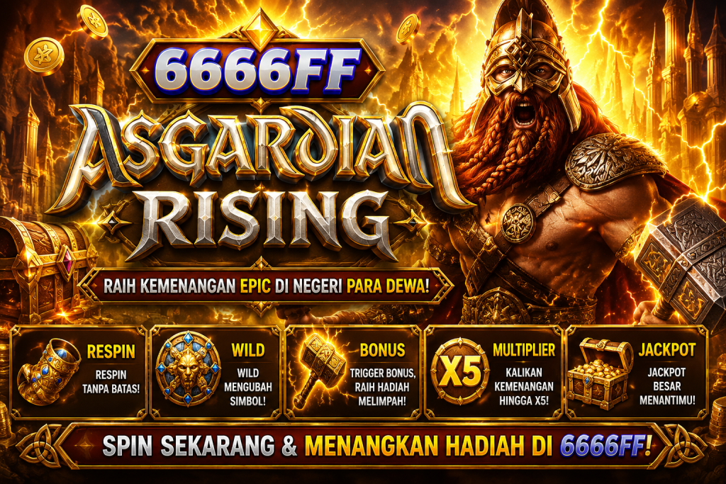 6666FF Asgardian Rising dengan prajurit Nordik, palu legendaris, petir emas, peti harta karun, dan suasana petualangan epik.