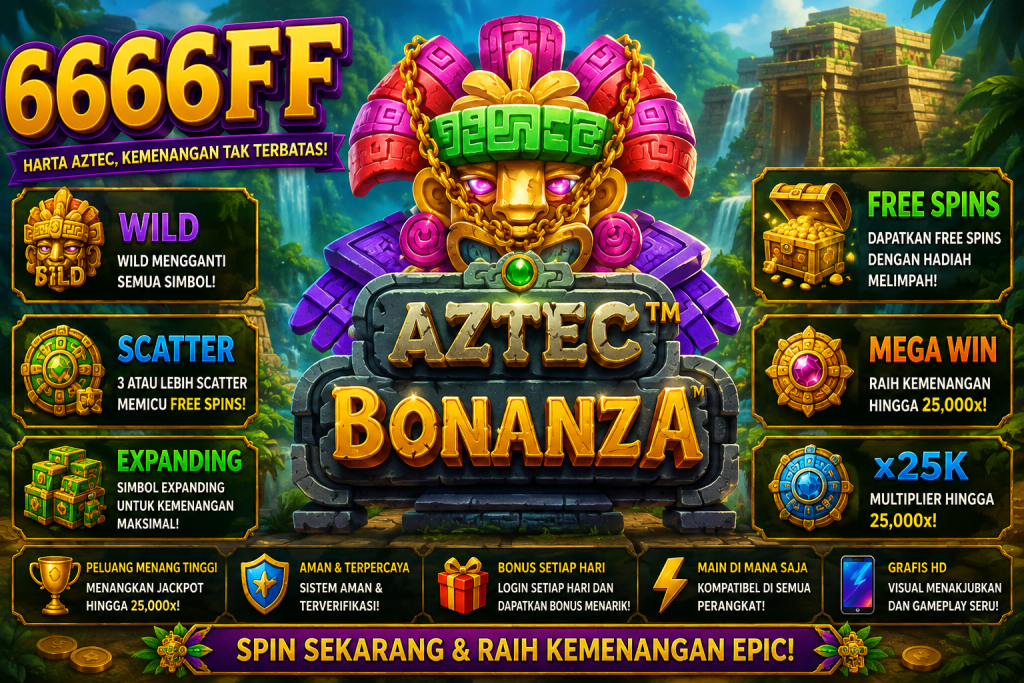 6666FF Aztec Bonanza dengan topeng Aztec, kuil hutan, simbol Wild dan Scatter dalam tema petualangan kuno.