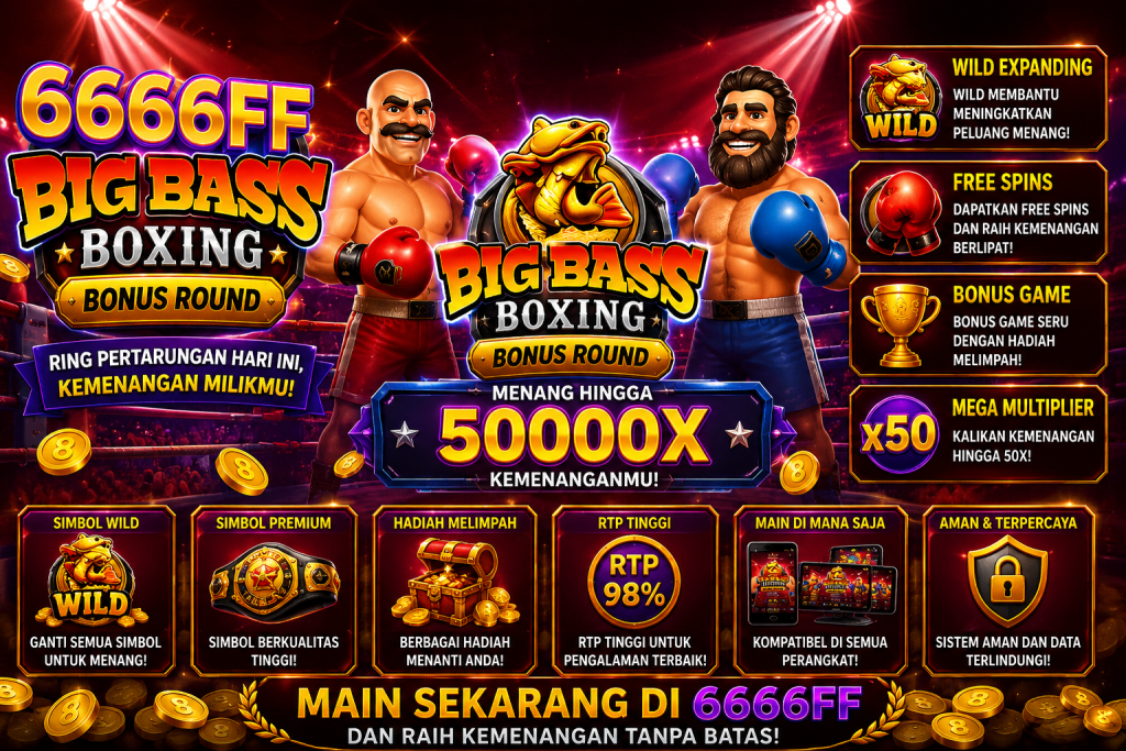 6666FF Big Bass Boxing Bonus Round dengan dua petinju, sarung tinju, arena pertandingan, piala, koin emas, dan suasana permainan penuh aksi.