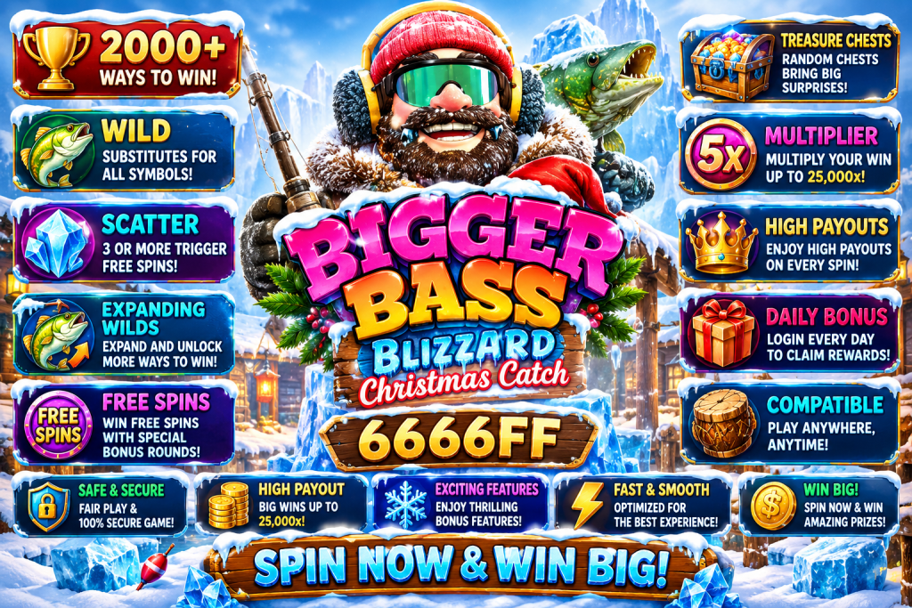 6666FF Bigger Bass Blizzard dengan nelayan, ikan besar dan pegunungan bersalju dalam tema petualangan musim dingin.