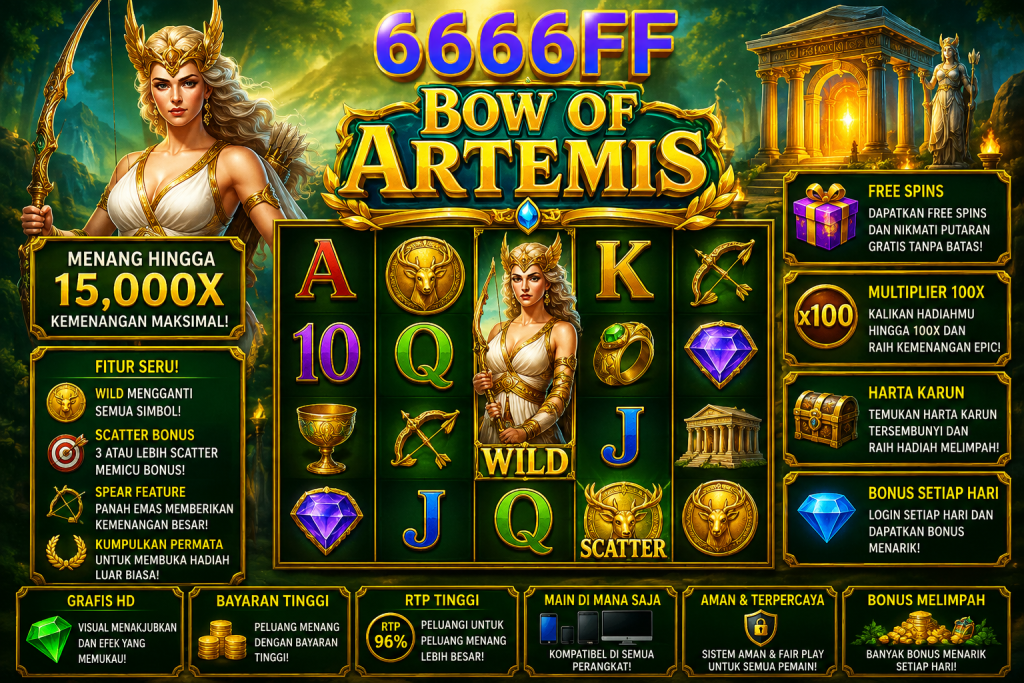6666FF Bow of Artemis dengan Dewi Artemis, busur emas, kuil Yunani, permata, simbol Wild dan Scatter dalam tema mitologi.