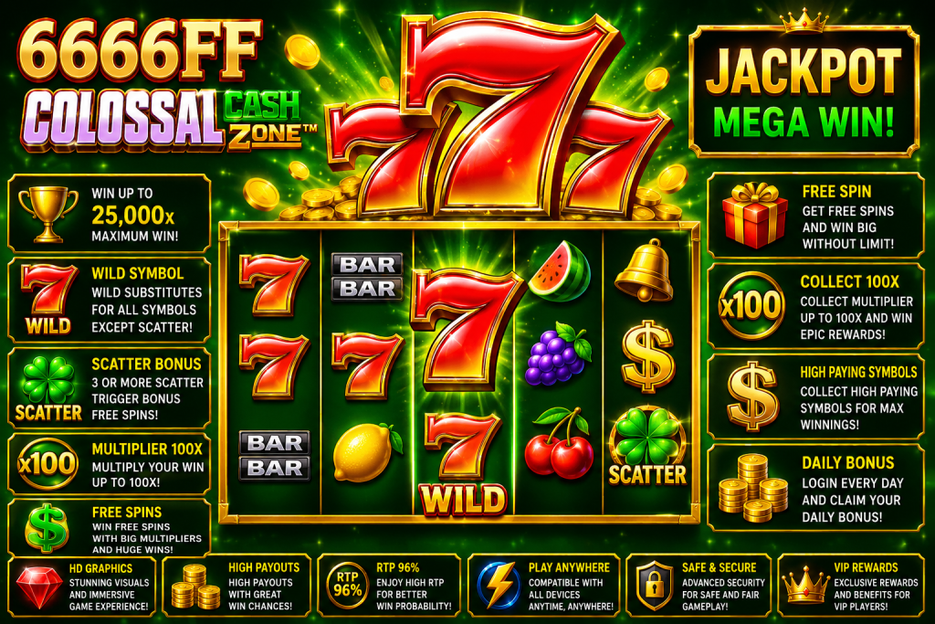 6666FF Colossal Cash Zone dengan simbol 777 merah, koin emas, Wild dan Scatter dalam tema klasik hijau emas.