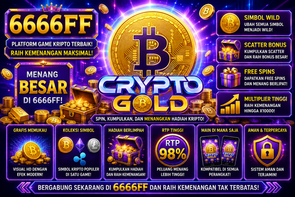 6666FF Crypto Gold dengan koin kripto emas, peti harta karun, simbol digital, dan suasana permainan futuristik bernuansa ungu dan emas.