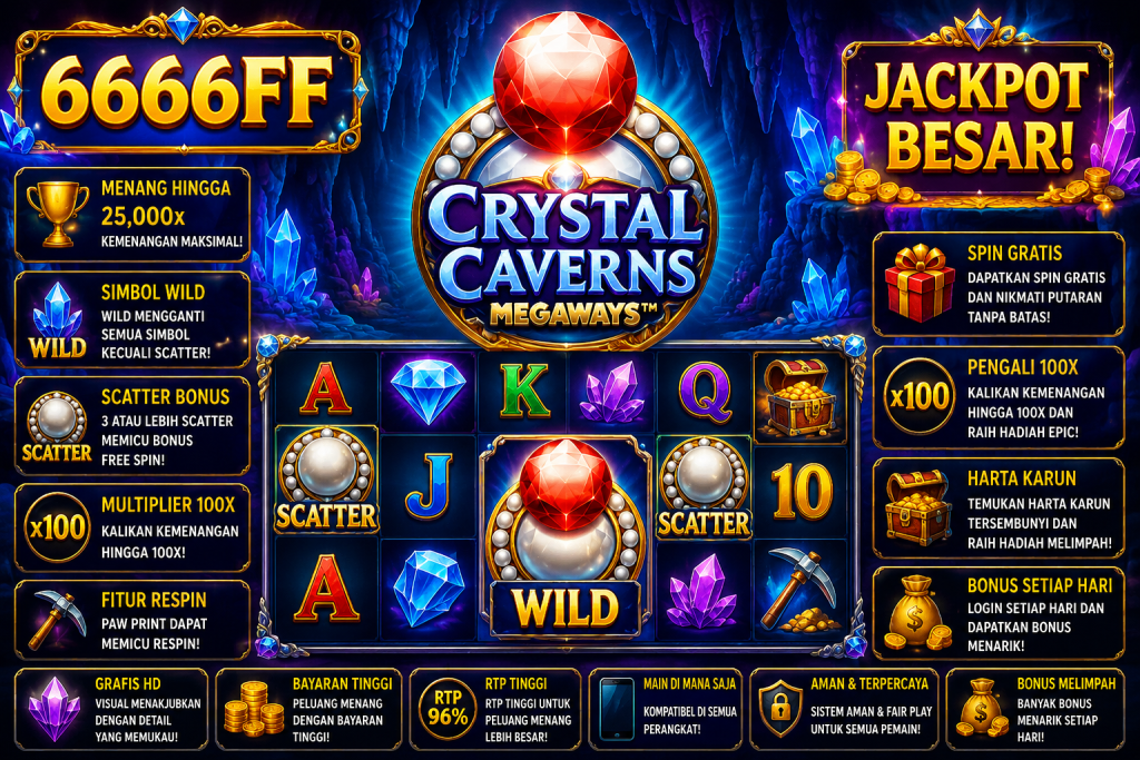6666FF Crystal Caverns Megaways dengan kristal berwarna, permata merah, harta karun, simbol Wild dan Scatter dalam tema gua fantasi.