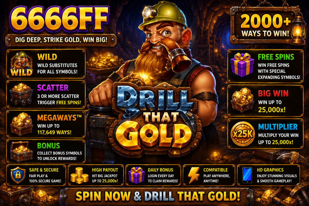 6666FF Drill That Gold dengan penambang, tambang emas, simbol Wild dan Scatter dalam tema petualangan bawah tanah.