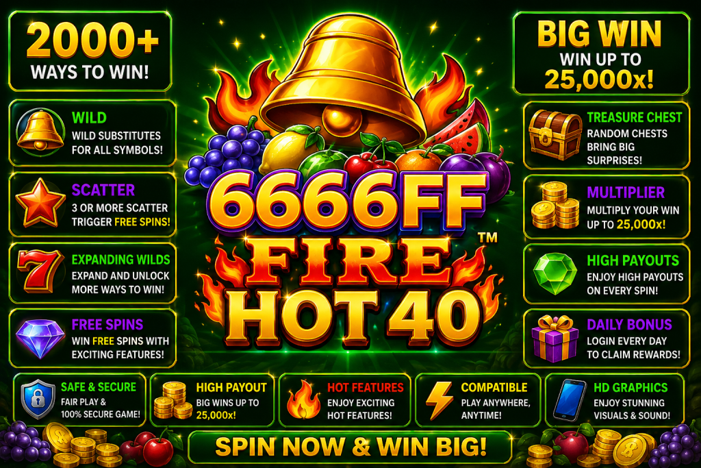 6666FF Fire Hot 40 dengan lonceng emas, buah warna-warni dan efek api dalam tema permainan klasik.