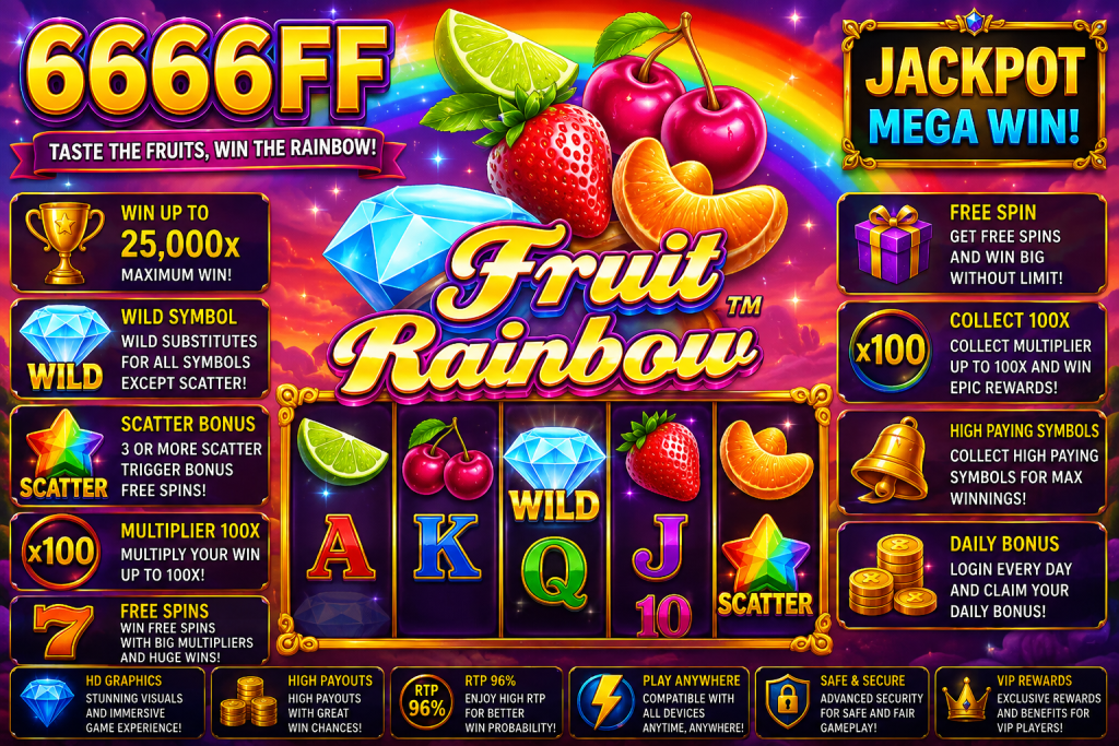 6666FF Fruit Rainbow dengan stroberi, ceri, jeruk, limau, berlian, simbol Wild dan Scatter dalam tema pelangi buah.