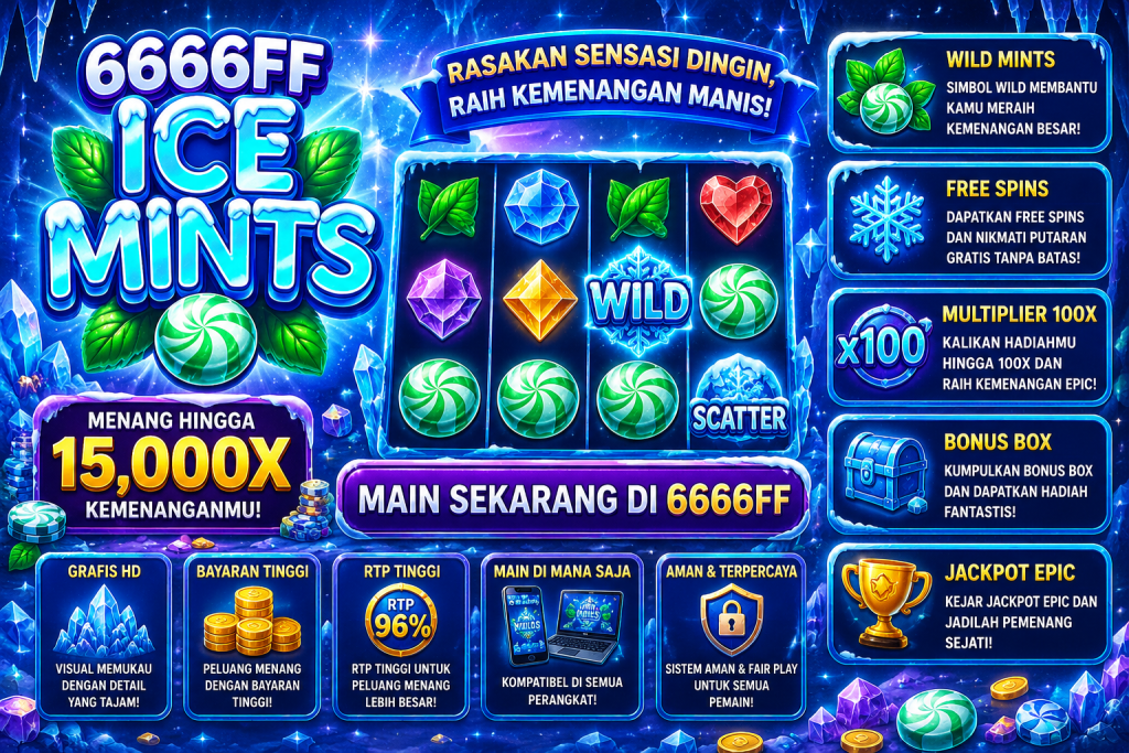 6666FF Ice Mints dengan permen mint, kristal es, permata berwarna, simbol Wild dan Scatter, serta suasana permainan bertema es yang menyegarkan.
