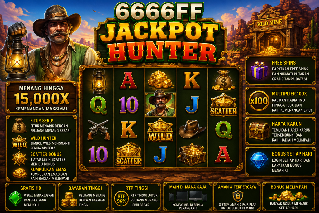 6666FF Jackpot Hunter dengan pemburu emas, tambang, lentera, peti harta karun, simbol Wild dan Scatter dalam tema Wild West.