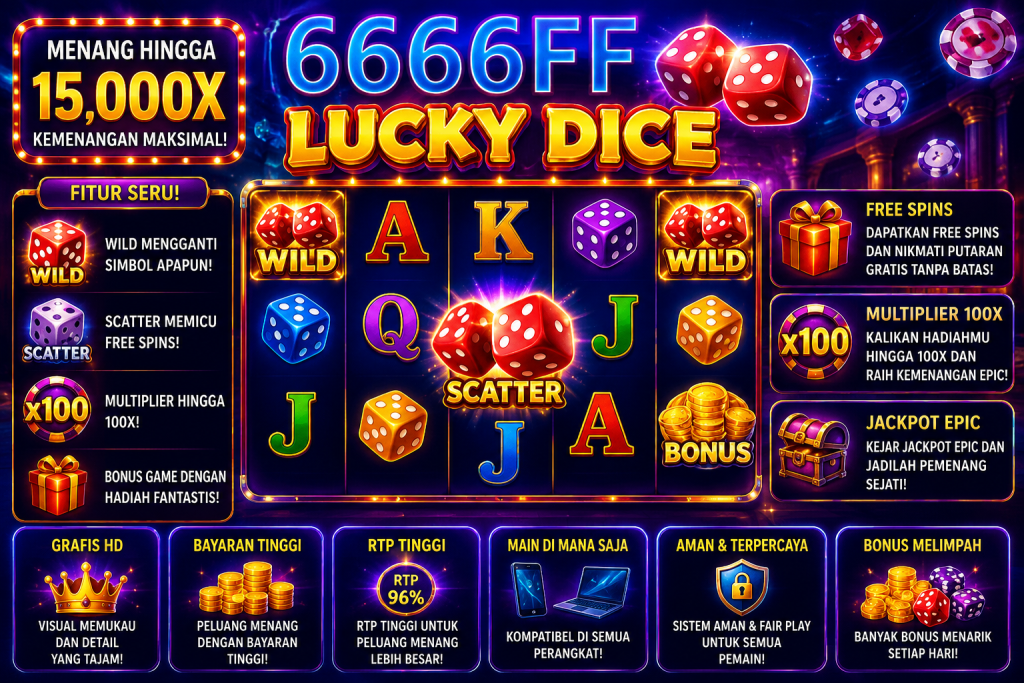 6666FF Lucky Dice dengan dadu warna-warni, simbol Wild, Scatter, koin emas, bonus, dan nuansa permainan neon yang cerah.