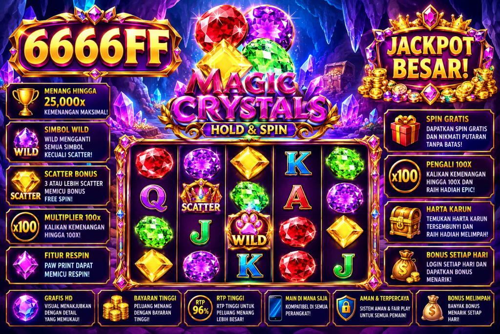 6666FF Magic Crystals Hold & Spin dengan permata warna-warni, kristal bercahaya, simbol Wild dan Scatter dalam tema gua fantasi.