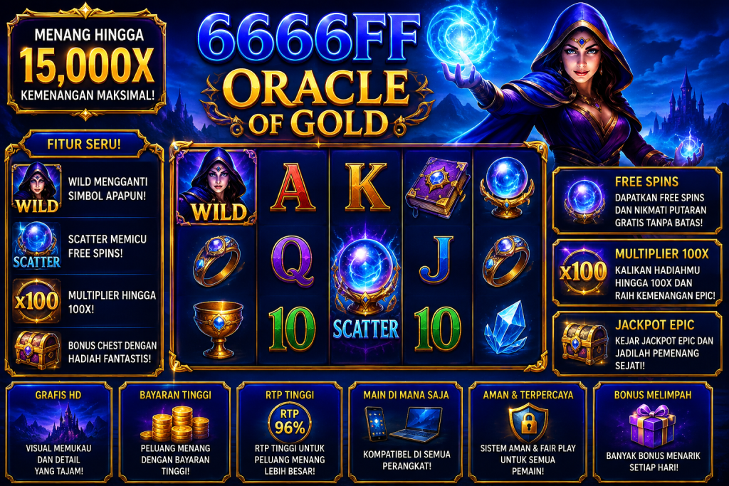 6666FF Oracle of Gold dengan penyihir mistis, bola kristal, artefak sihir, simbol Wild, Scatter, dan nuansa fantasi biru keemasan.