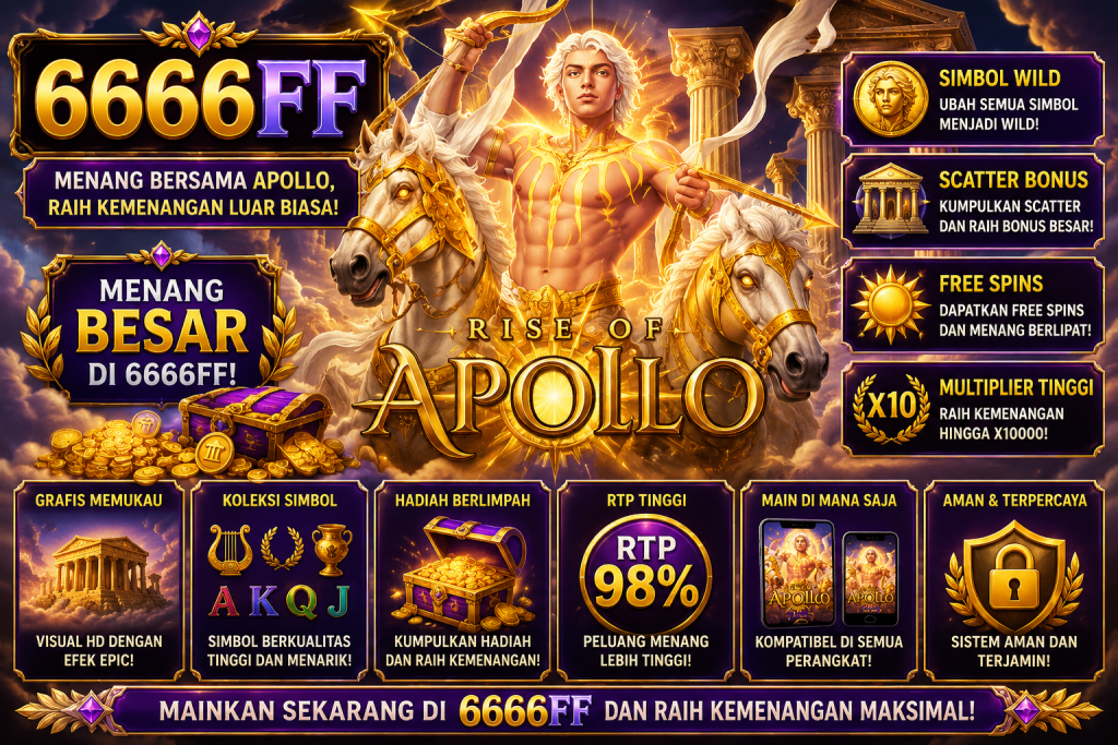 6666FF Rise of Apollo dengan dewa Apollo, kereta kuda emas, kuil Yunani, koin, dan suasana permainan mitologi yang epik.