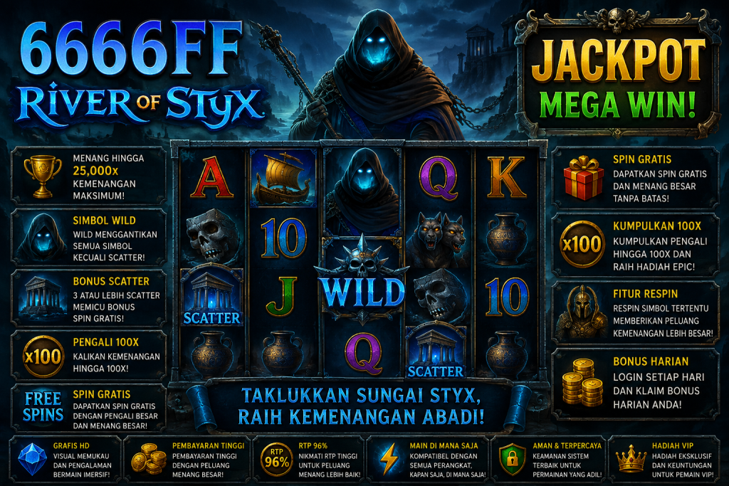 6666FF River of Styx dengan penjaga berjubah, sungai dunia bawah, simbol Wild dan Scatter dalam tema mitologi gelap.
