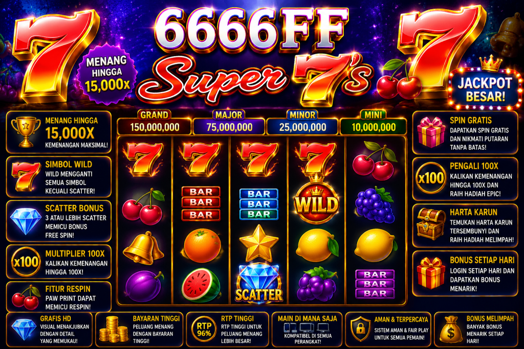 6666FF Super 7’s dengan angka tujuh merah, buah berwarna, berlian, simbol Wild dan Scatter dalam tema permainan klasik.