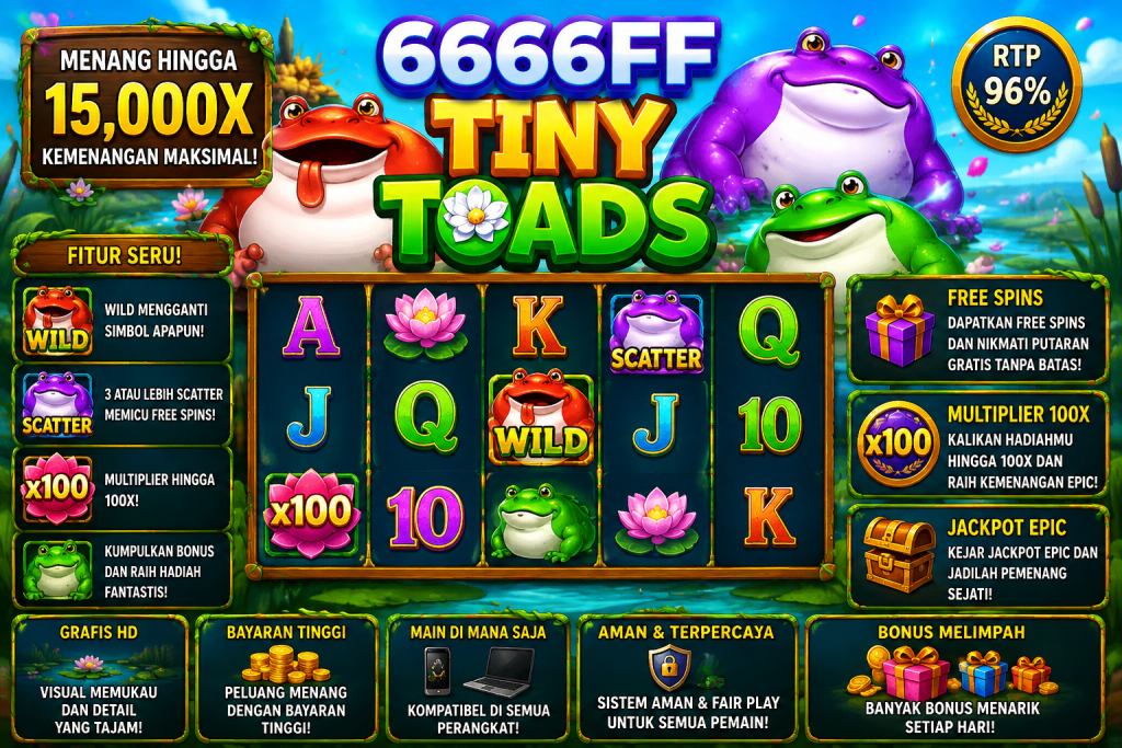 6666FF Tiny Toads dengan katak warna-warni, bunga teratai, simbol Wild, Scatter, dan suasana kolam fantasi yang ceria.