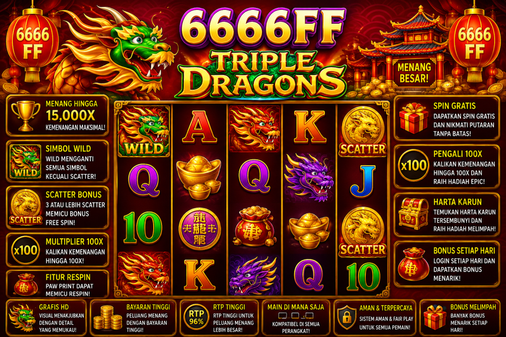 6666FF Triple Dragons dengan tiga naga berwarna, lentera merah, koin emas, simbol Wild dan Scatter dalam tema oriental.