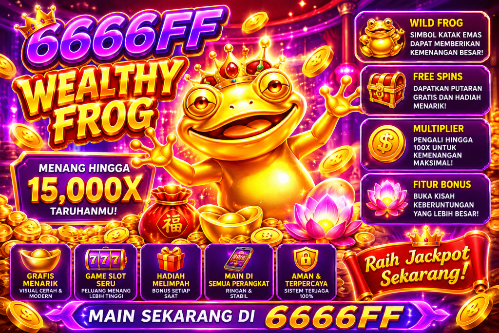 6666FF Wealthy Frog dengan katak emas bermahkota, koin emas, bunga lotus, hadiah, dan suasana permainan bertema keberuntungan.