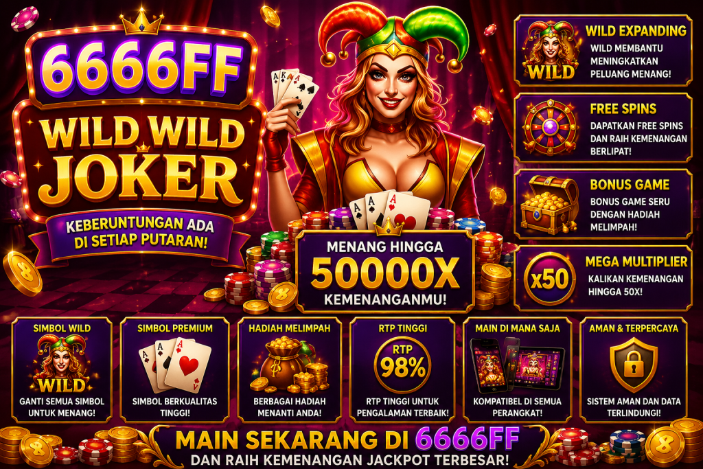 6666FF Wild Wild Joker dengan karakter joker wanita, kartu remi, chip permainan, koin emas, dan suasana permainan penuh warna.