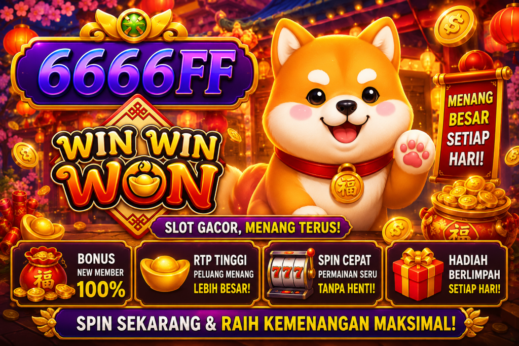 6666FF Win Win Won dengan maskot anjing keberuntungan, koin emas, hadiah, dan tema permainan meriah.