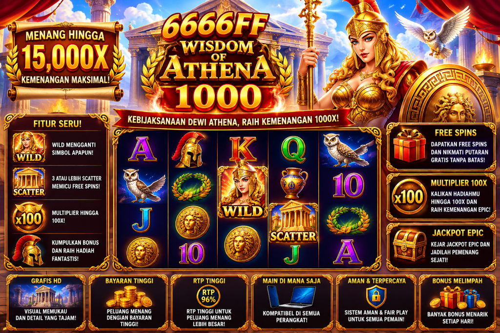 6666FF Wisdom of Athena 1000 dengan Dewi Athena, kuil Yunani, burung hantu, simbol Wild, Scatter, dan nuansa mitologi emas.