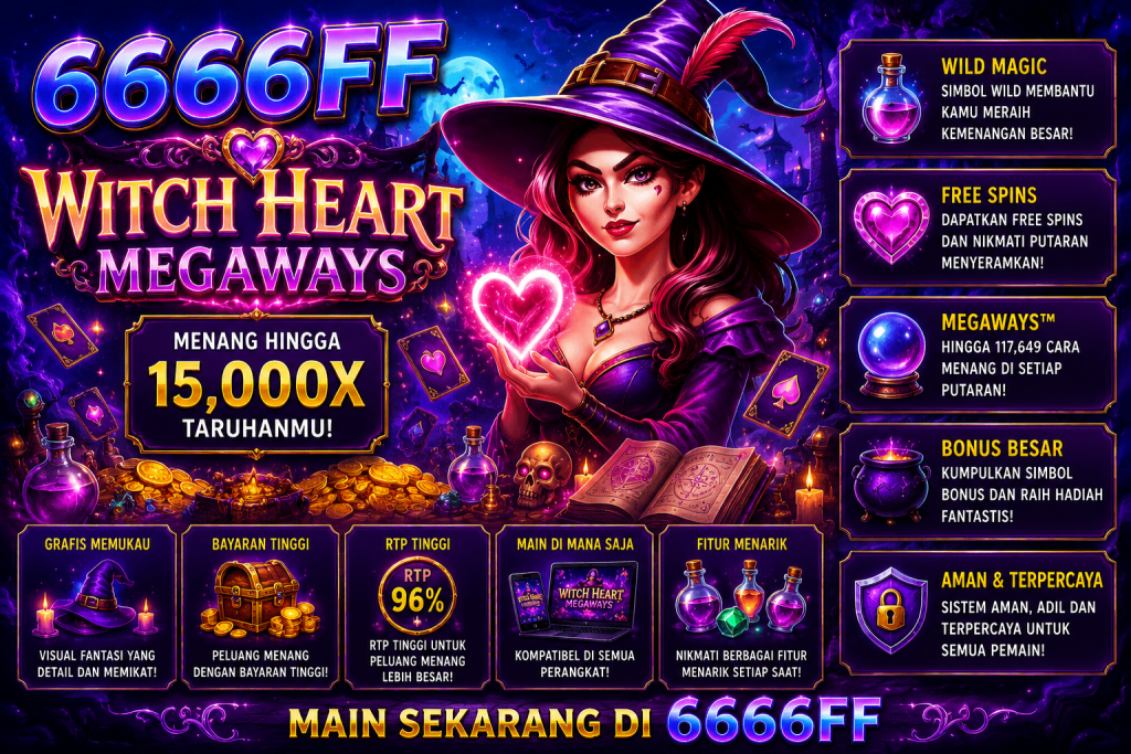 6666FF Witch Heart Megaways dengan penyihir, hati magis bercahaya, ramuan, kartu, koin emas, dan suasana permainan fantasi penuh misteri.