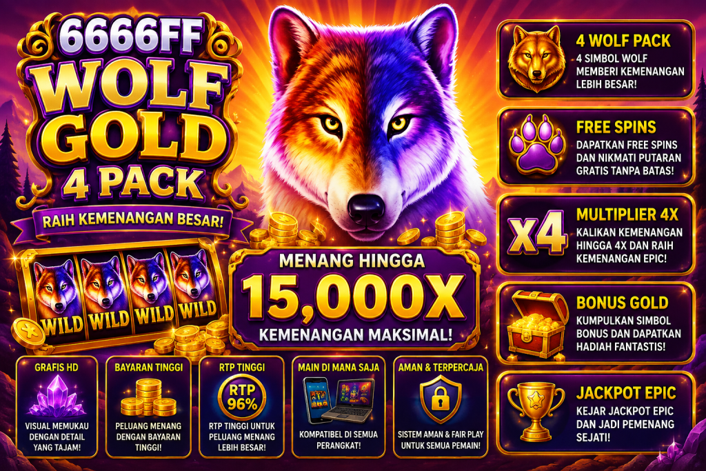 6666FF Wolf Gold 4 Pack dengan serigala bercahaya, simbol Wild, koin emas, bonus, dan suasana permainan fantasi bertema alam liar.