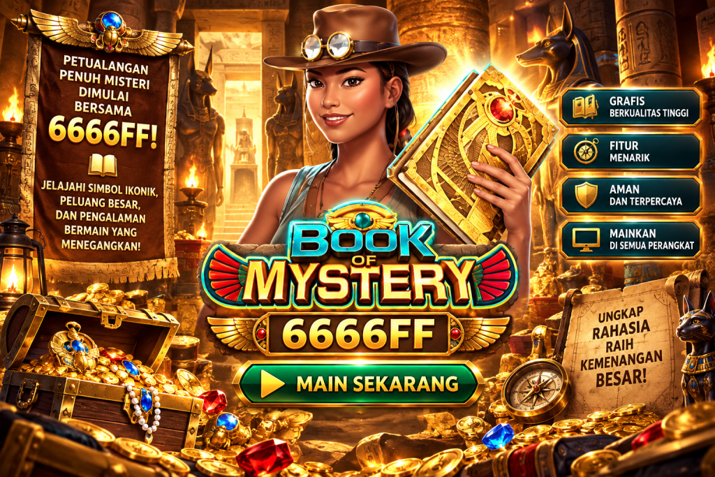 Game Book of Mystery 6666FF dengan penjelajah, buku emas, kuil Mesir, dan harta karun