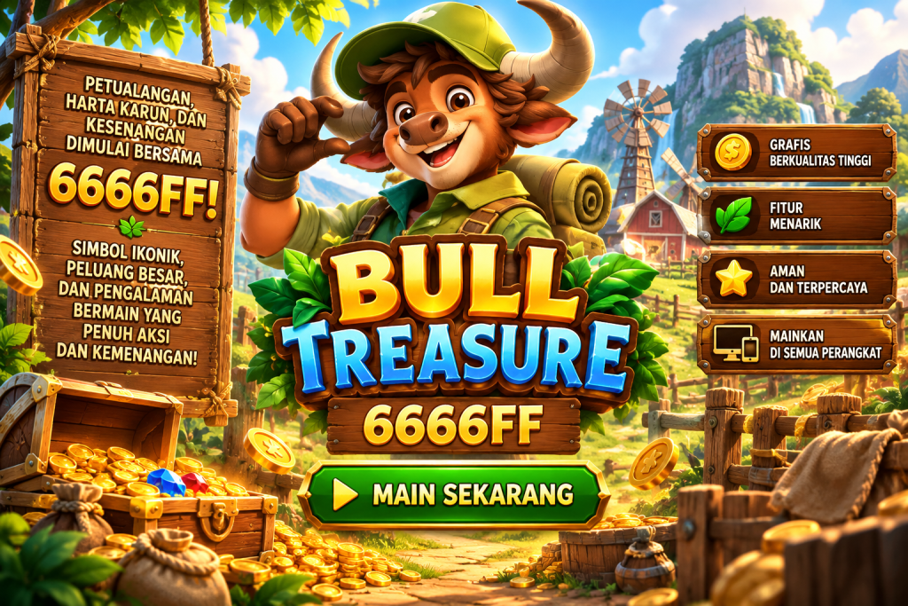 Game Bull Treasure 6666FF dengan banteng petualang, peti harta karun, koin emas, dan suasana pedesaan