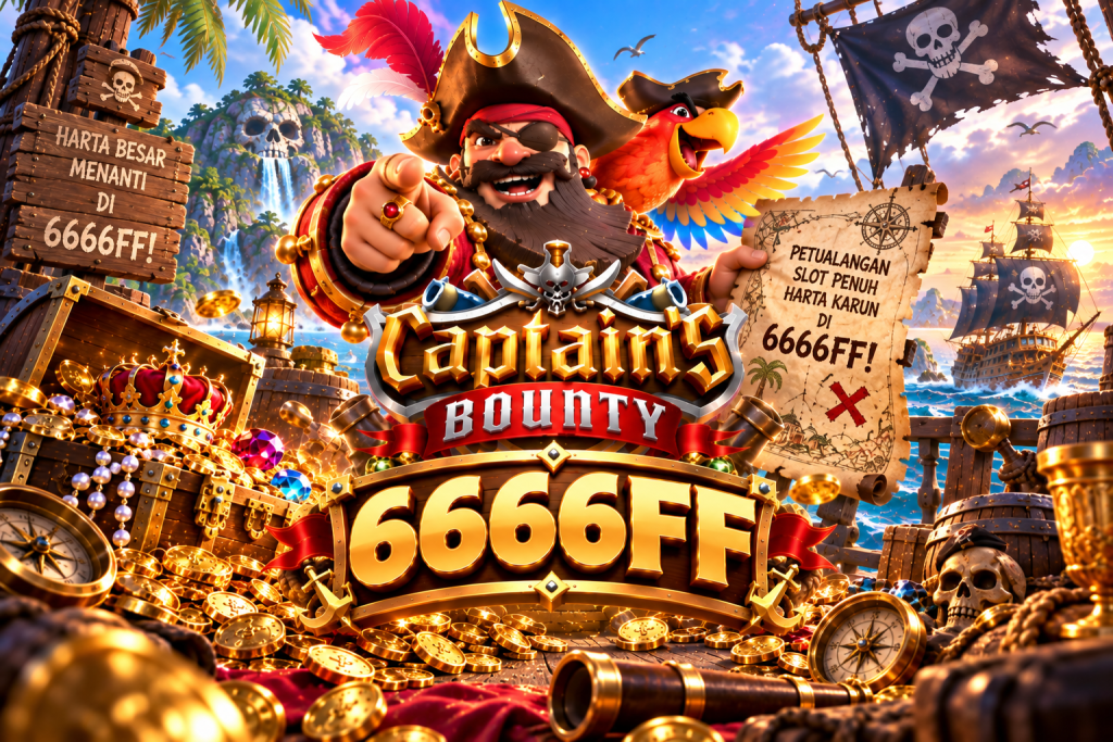 Game Captain’s Bounty 6666FF dengan kapten bajak laut, burung beo, peta harta karun, koin emas, dan kapal