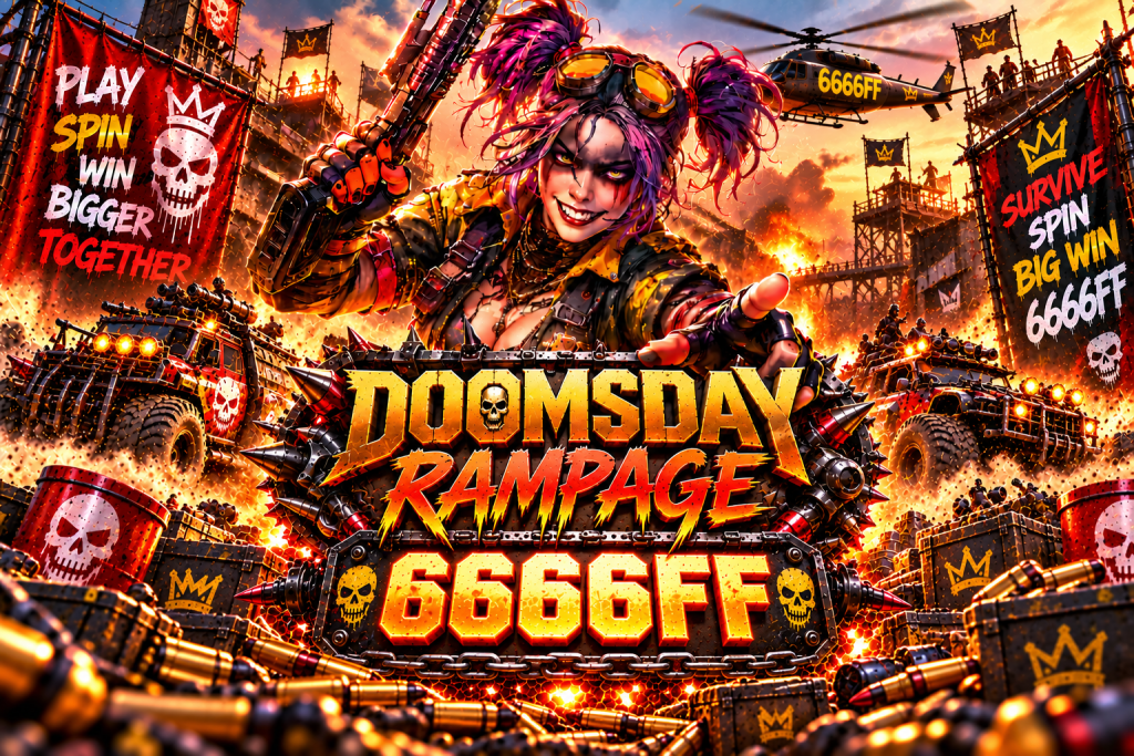 Game Doomsday Rampage 6666FF dengan karakter punk, kendaraan tempur, helikopter, api, dan suasana pasca-apokaliptik