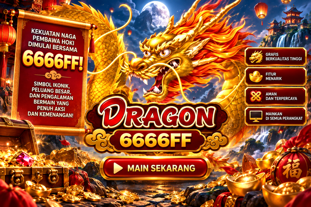 Game Dragon 6666FF dengan naga emas, lentera merah, kuil, koin emas, dan suasana oriental