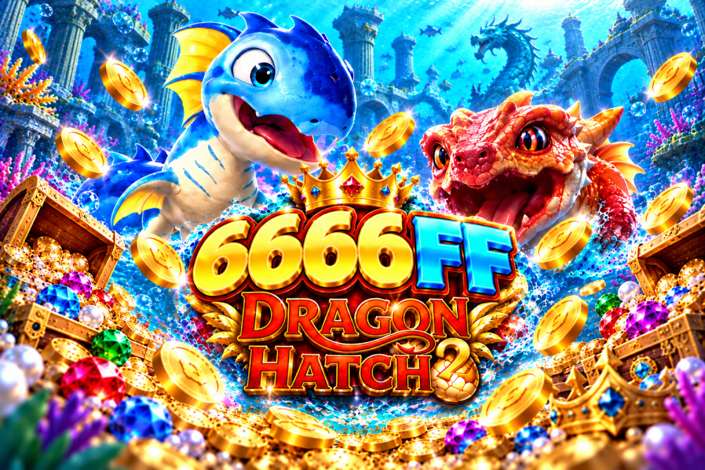 Game Dragon Hatch 2 6666FF dengan naga biru dan merah, koin emas, permata berwarna-warni, dan harta karun bawah laut