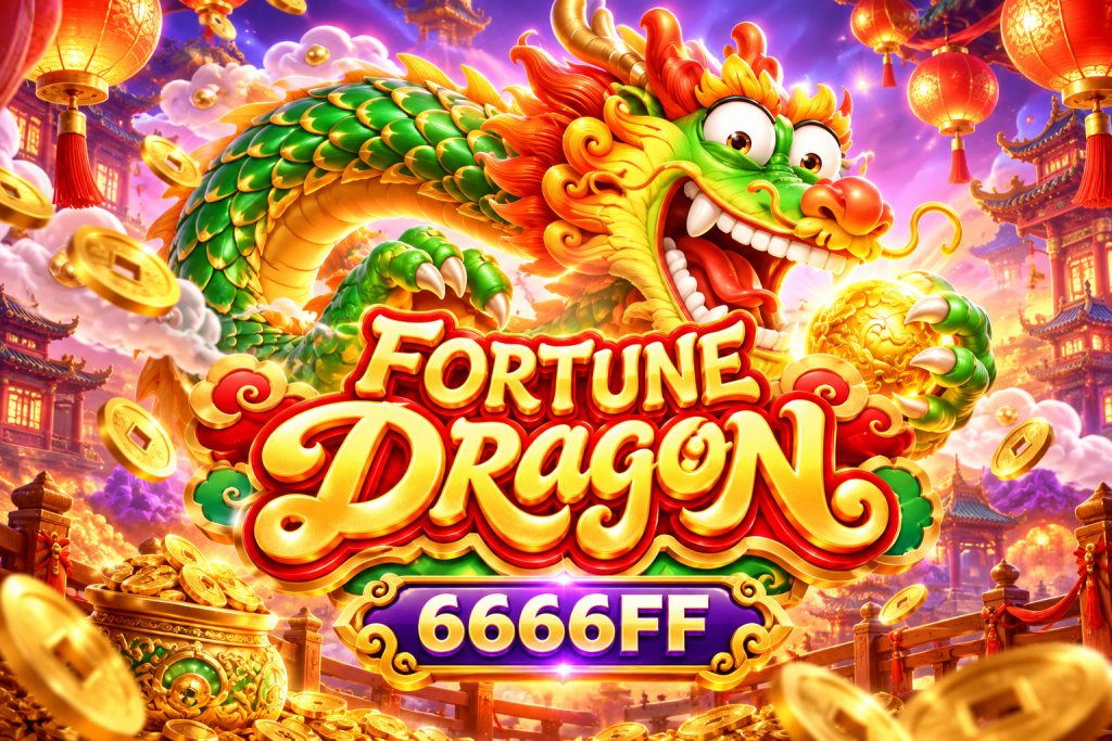 Game Fortune Dragon 6666FF dengan naga hijau, koin emas, lentera merah, dan suasana kuil Tiongkok