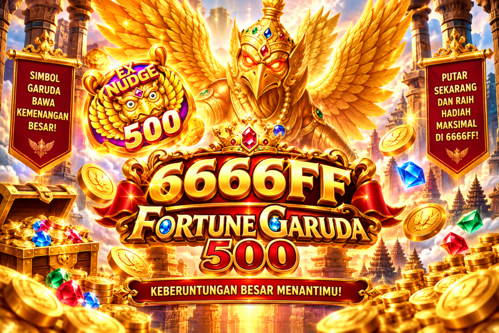 6666FF Fortune Garuda 500 dengan Garuda emas, sayap megah, koin, permata dan kuil kuno bernuansa keemasan.