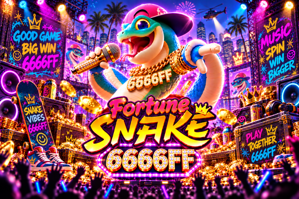 Game Fortune Snake 6666FF dengan ular rapper, mikrofon emas, koin, musik, dan panggung neon