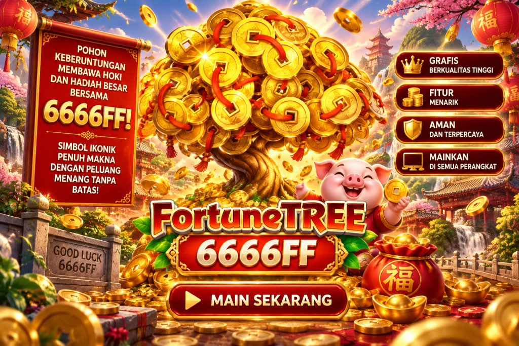 Game Fortune Tree 6666FF dengan pohon koin emas, lentera merah, dan suasana keberuntungan