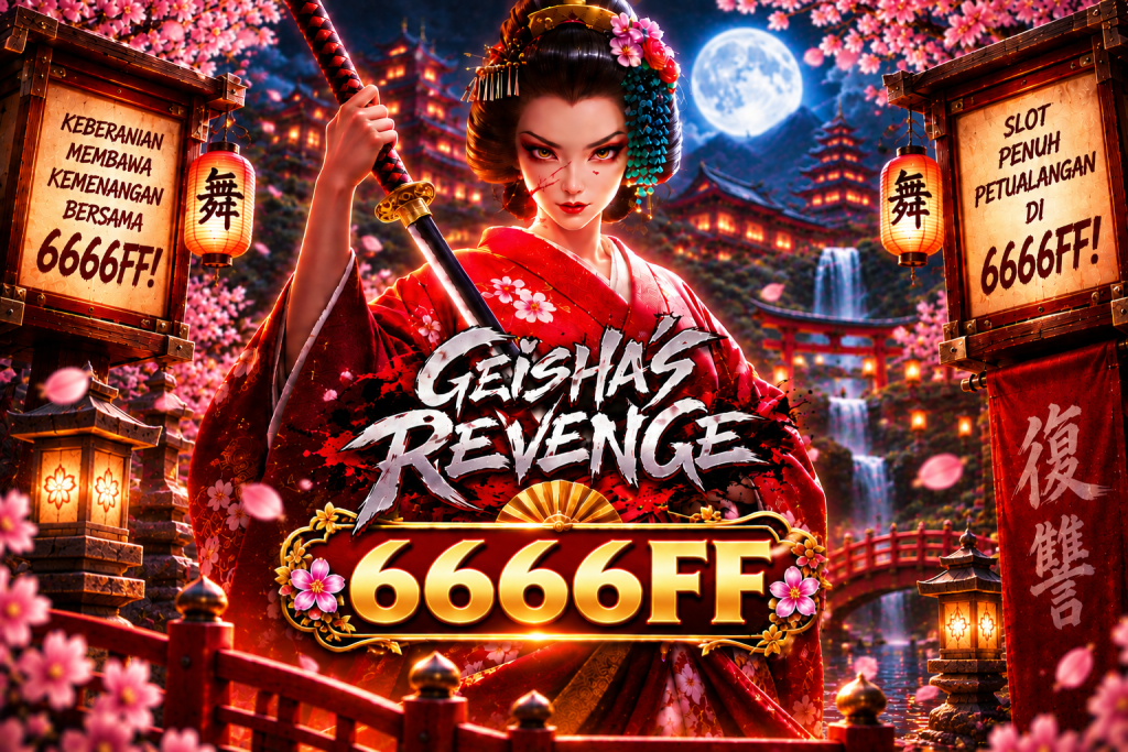 Game Geisha's Revenge 6666FF dengan geisha, katana, bunga sakura, kuil Jepang, dan suasana malam