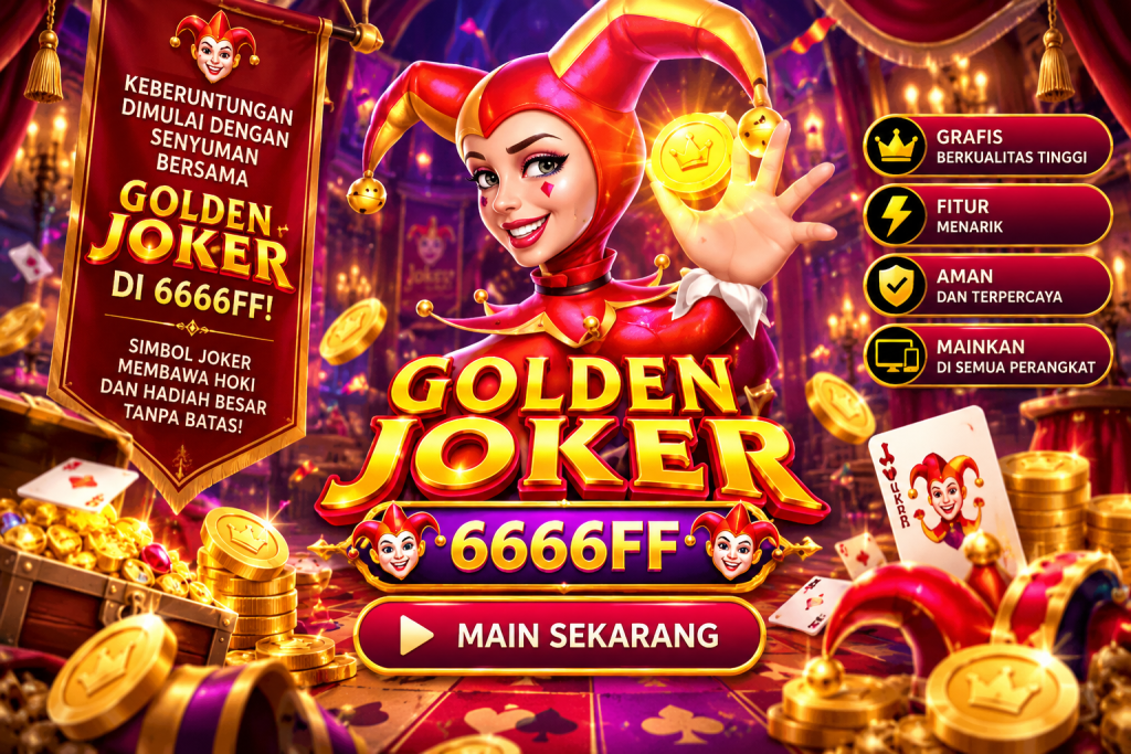 Game Golden Joker 6666FF dengan karakter joker, koin emas, kartu, dan suasana pesta