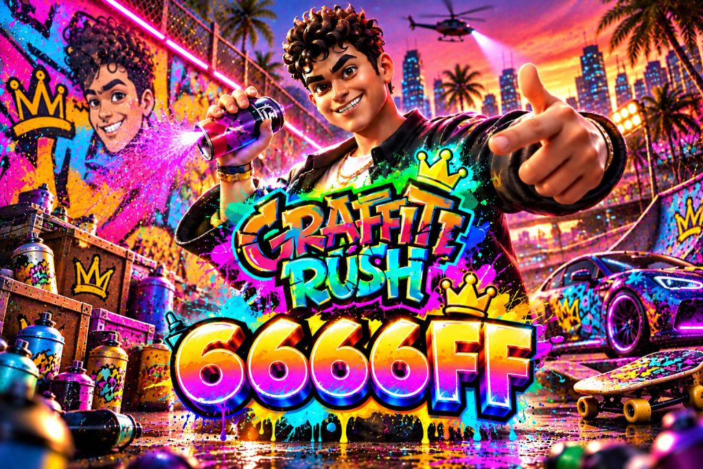 Game Graffiti Rush 6666FF dengan seniman grafiti, cat semprot, mural warna-warni, dan suasana kota neon