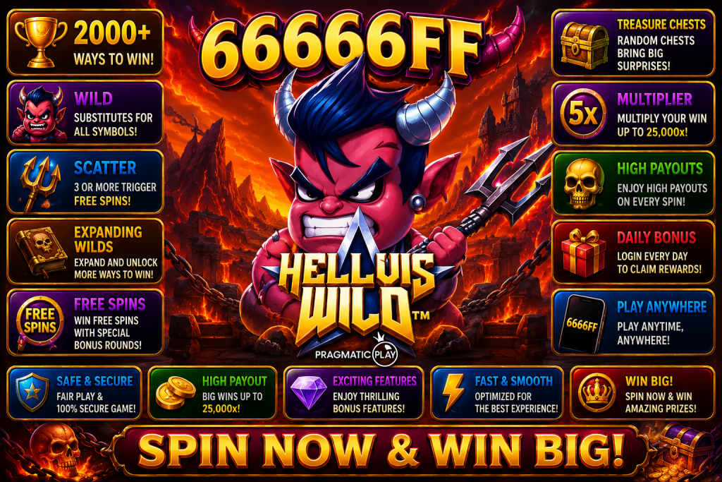 6666FF Hellvis Wild dengan iblis kartun bertanduk, trisula dan latar dunia api penuh aksi.