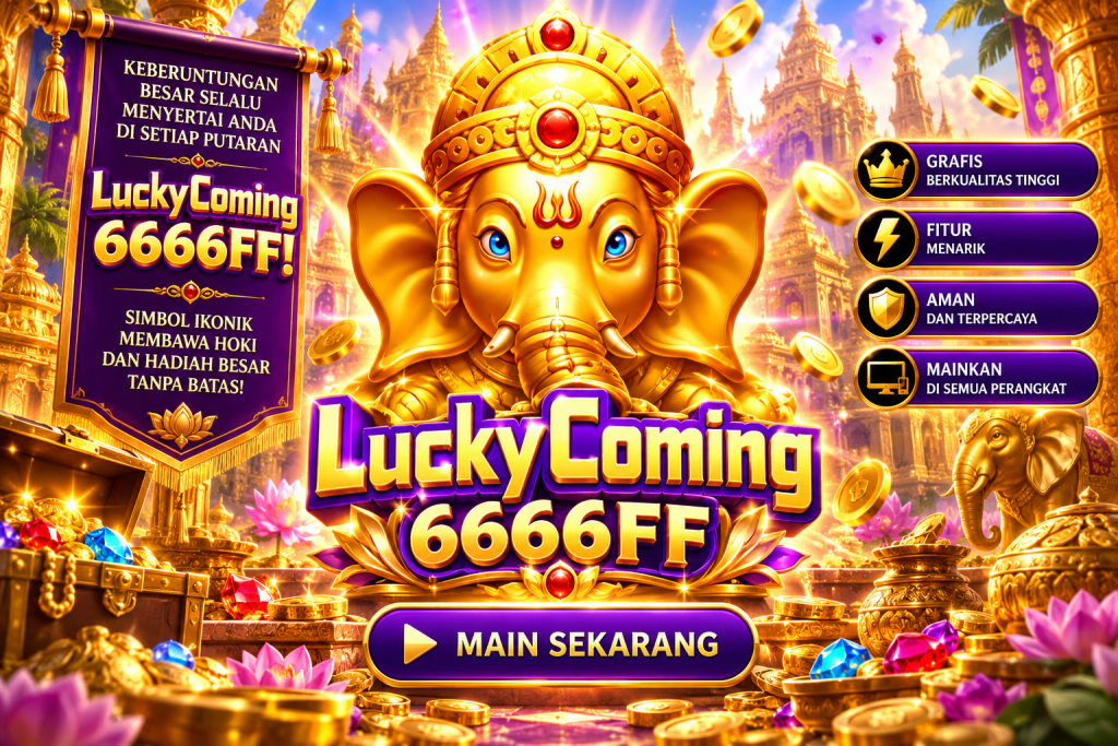 Game Lucky Coming 6666FF dengan gajah emas, kuil, koin, permata, dan harta karun
