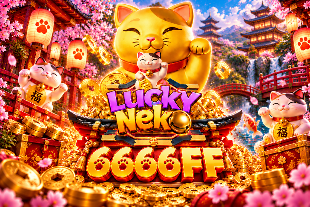 Game Lucky Neko 6666FF dengan kucing keberuntungan, koin emas, lentera, dan bunga sakura