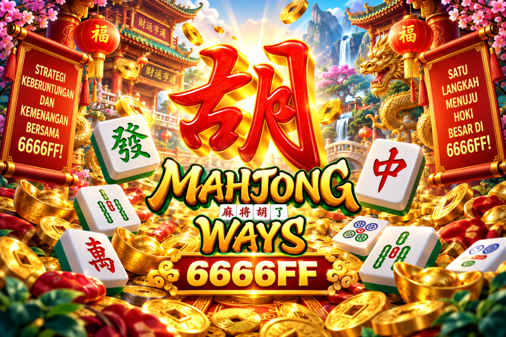 Game Mahjong Ways 6666FF dengan ubin mahjong, naga emas, koin, lentera merah, kuil oriental, dan suasana keberuntungan