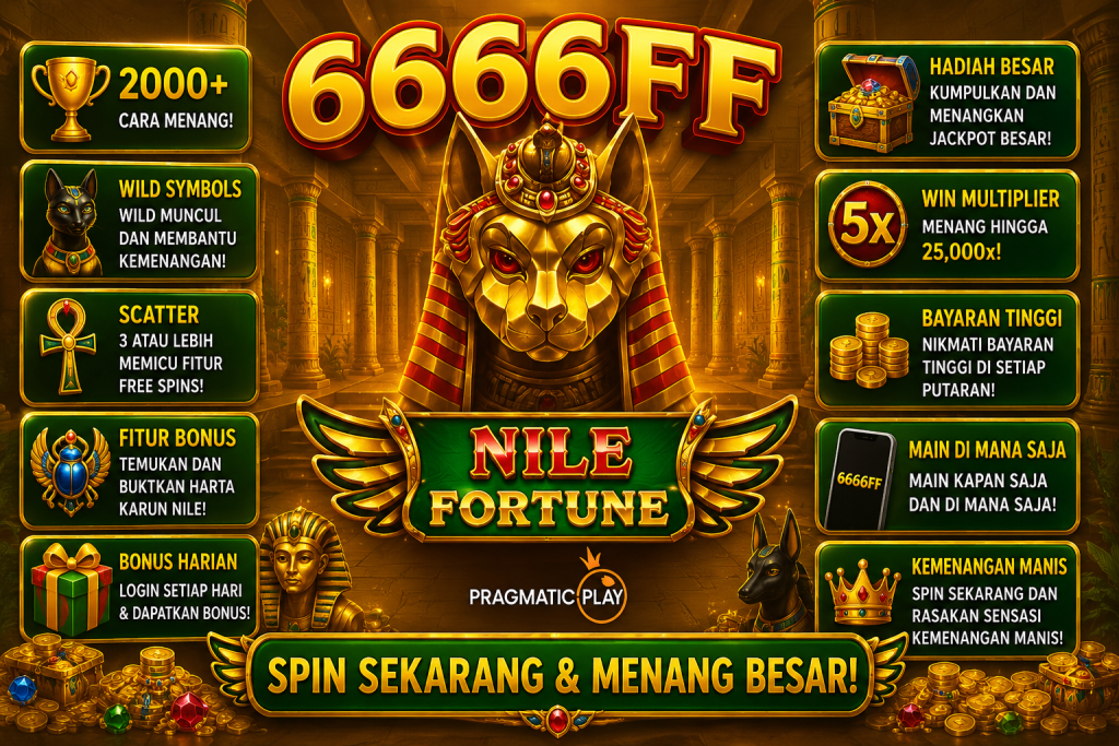 6666FF Nile Fortune dengan dewa Anubis emas, kuil Mesir, harta karun dan suasana kerajaan kuno.