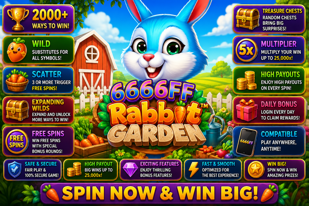 6666FF Rabbit Garden dengan kelinci biru lucu, wortel dan kebun pertanian penuh warna.