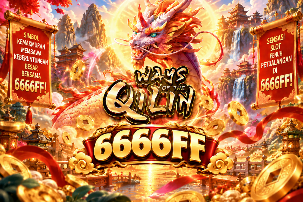 Game Ways of the Qilin 6666FF dengan qilin emas, koin, kuil, dan nuansa oriental