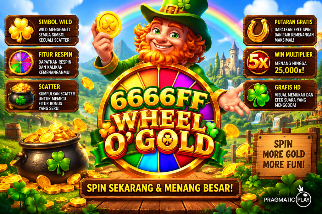 6666FF Wheel O’Gold dengan leprechaun, roda keberuntungan, koin emas, pelangi dan suasana fantasi hijau yang ceria.